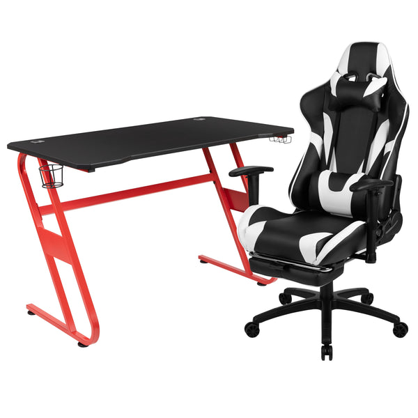 Gaming Bundle-Red Desk, Cup Holder, Headphone Hook and Reclining Chair