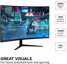 VX3218-PC-MHD 32 Inch Curved 1080P 1Ms 180Hz Gaming Monitor with Freesync Premium, Eye Care, HDMI and Display Port