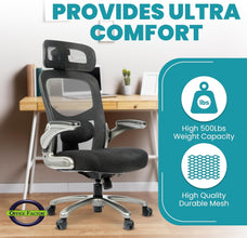 Officefactor 500 Lbs Rated Real High Back Ergonomic Big and Tall Office Chair Flip-Up Arms, Mesh Office Chair, Swivel Office Chair with anti Scratch Wheels, Mesh Office Chair (Black with Headrest)