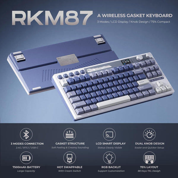 RK ROYAL KLUDGE M87 Wireless Gaming Keyboard with Screen and Dual Knob, 75% P...